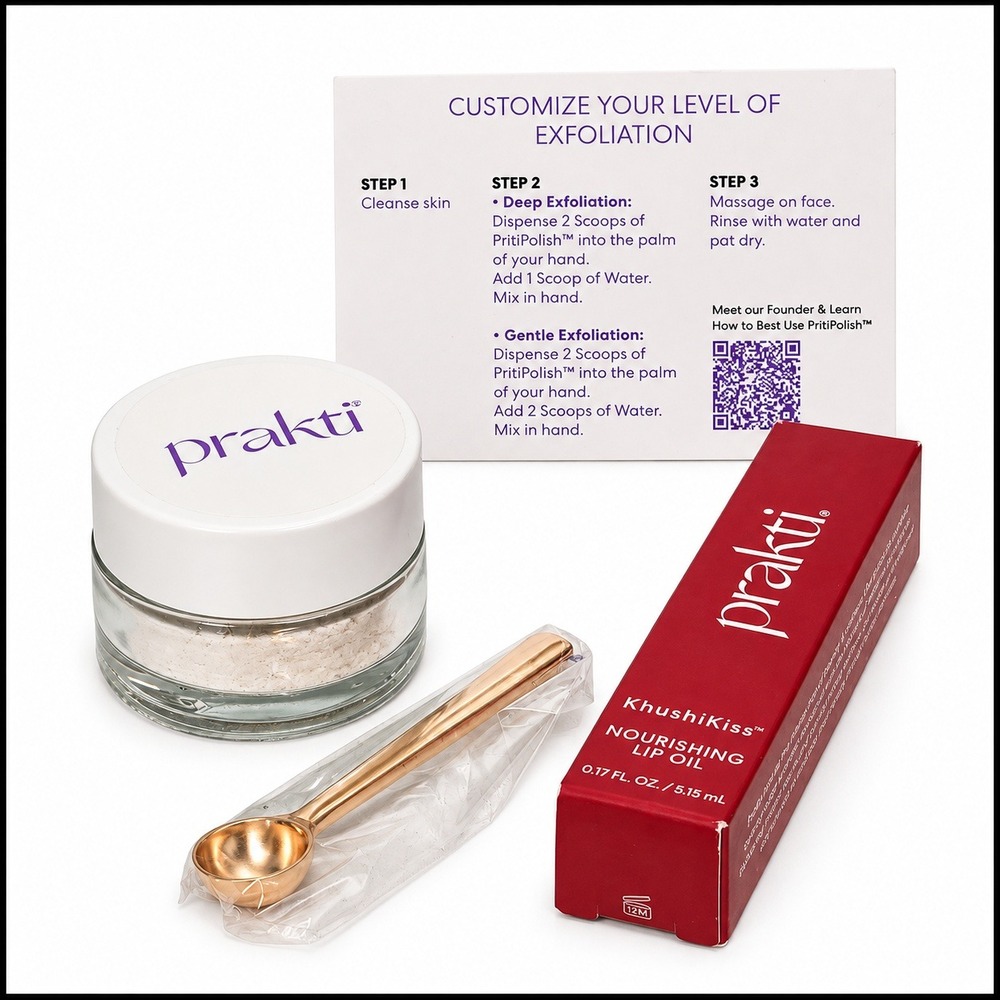 Prakti Beauty PritiPolish Exfoliator & KhushiKiss Nourishing Lip Oil Set NEW